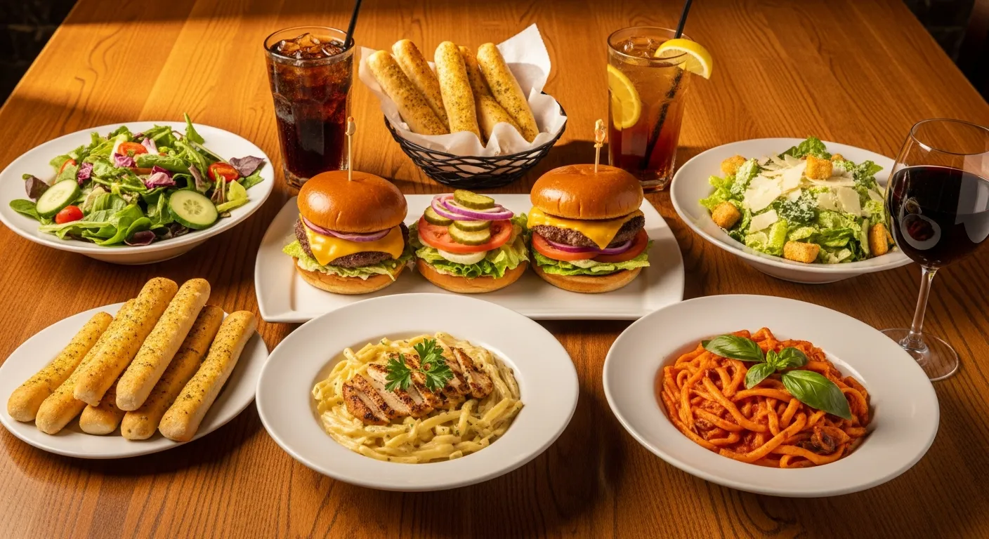 A spread of chain-restaurant favorites on a wooden table